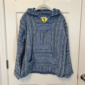 Iguana Jack Blue stripe PULLOVER HOODED DRUG RUG PONCHO HIPPIE HOODIE SIZE M